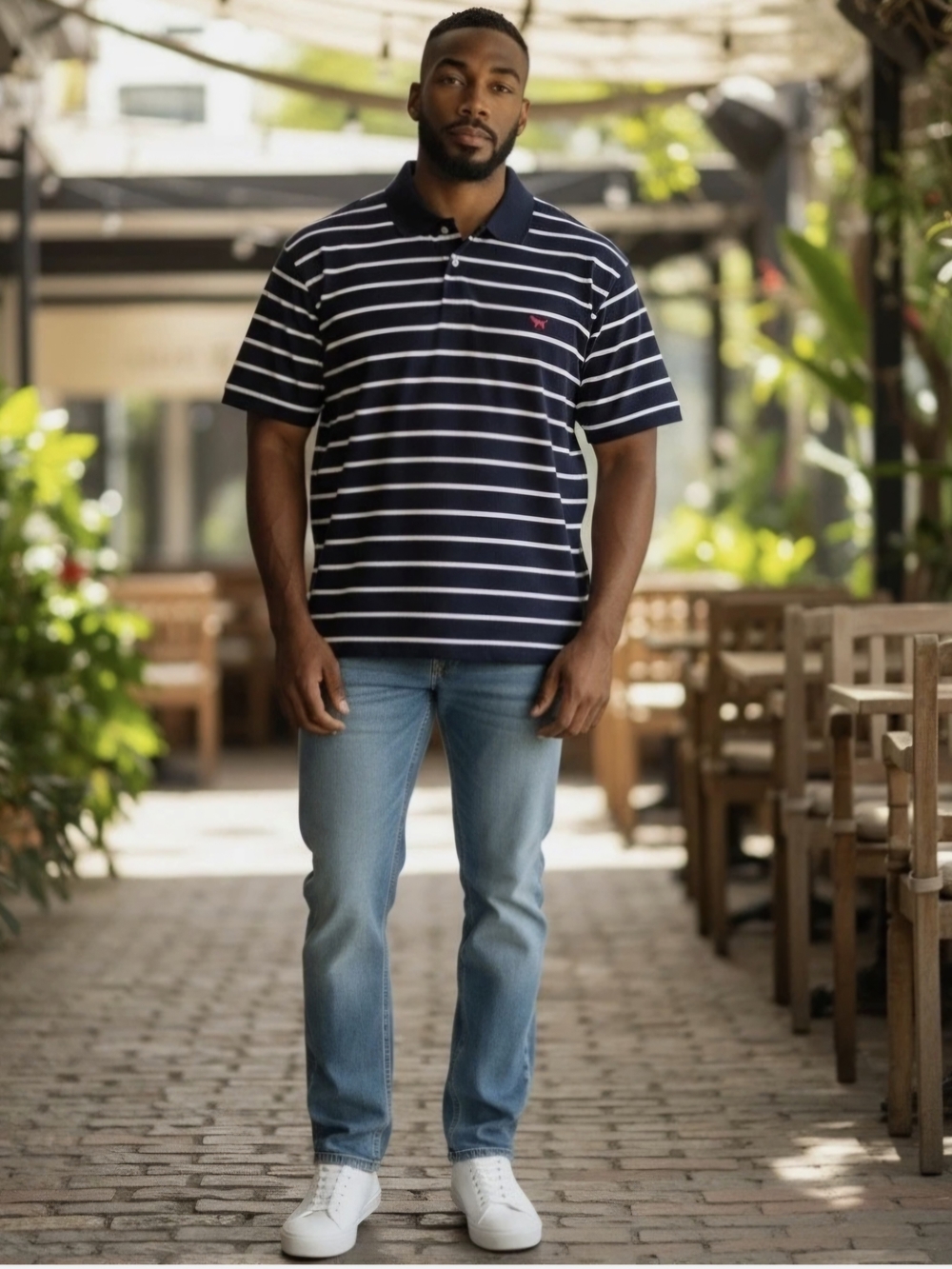 Simply Southern Navy and White Striped Men’s Cotton Polo Shirt - L